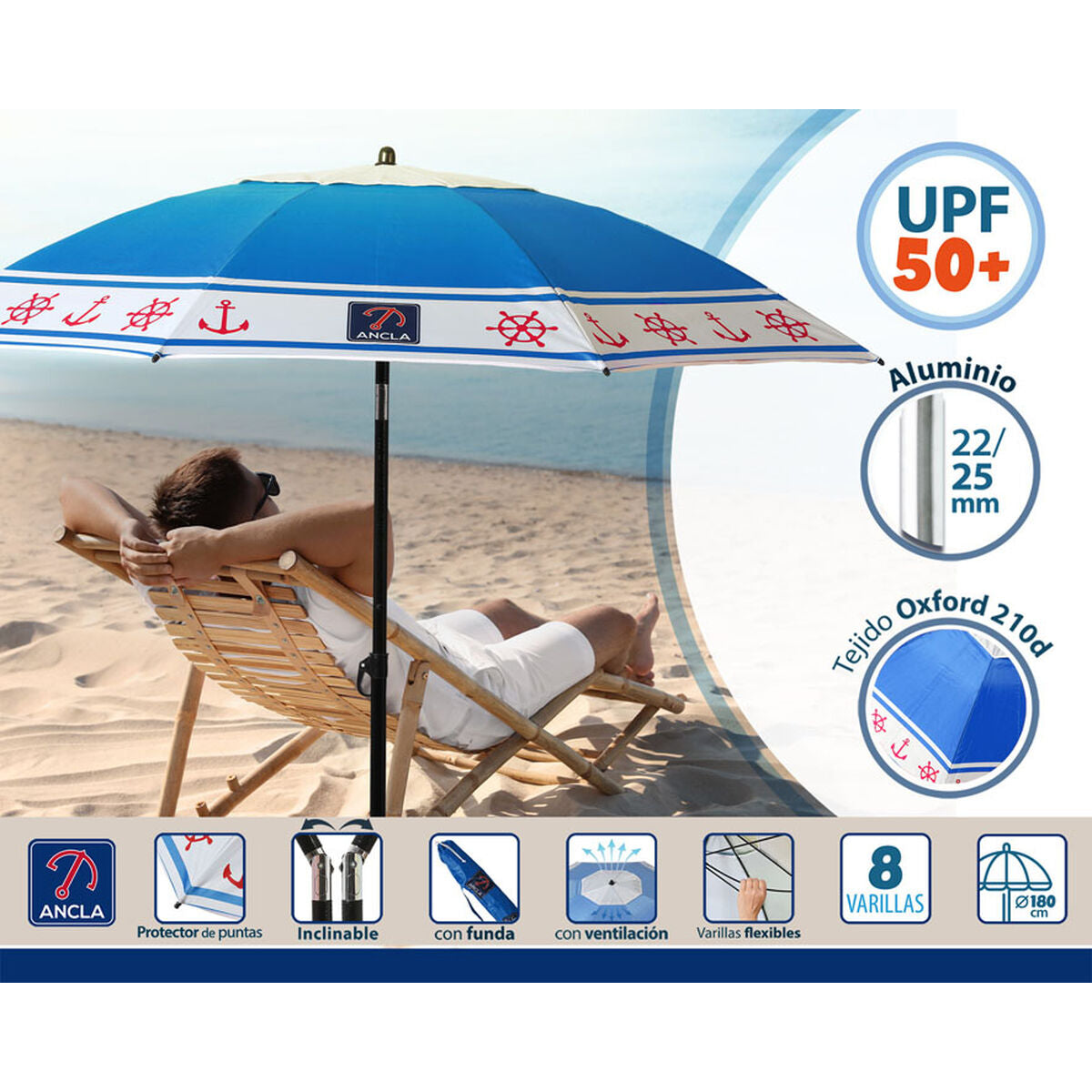 Sombrilla de playa Azul Ø 180 cm SPF50+ Ancla