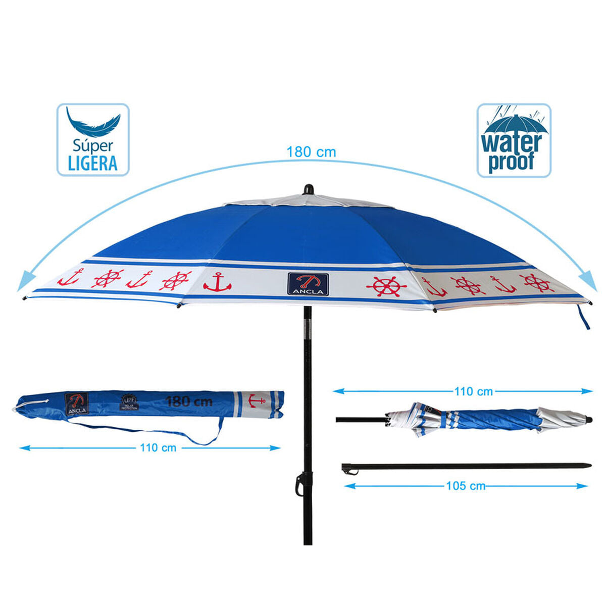 Sombrilla de playa Azul Ø 180 cm SPF50+ Ancla