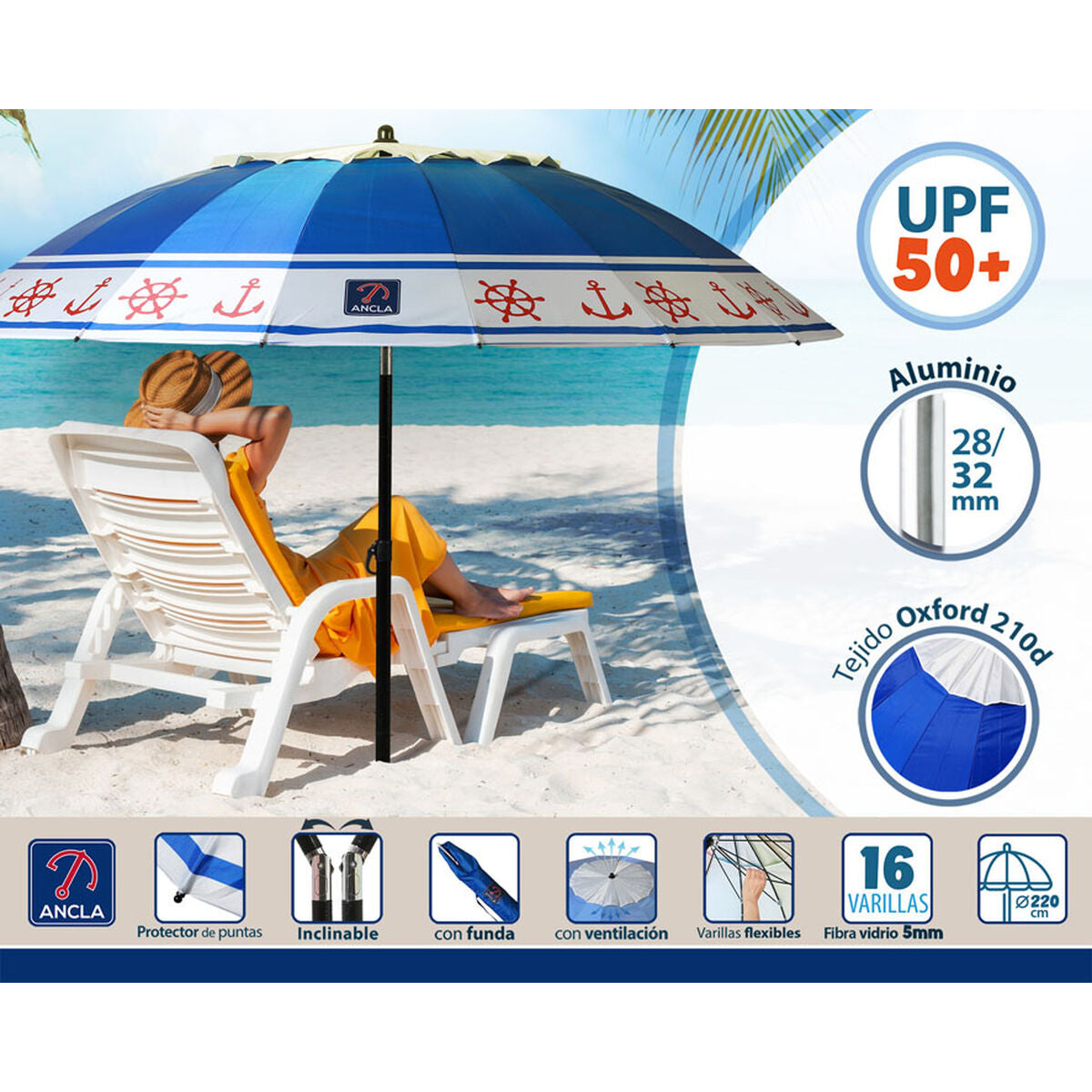 Sombrilla de playa Azul Ø 220 cm SPF50+ Ancla