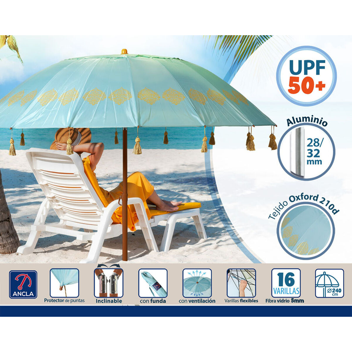 Sombrilla de playa Azul Ø 240 cm SPF50+