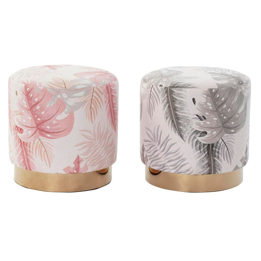 Reposapiés DKD Home Decor Gris Dorado Madera Poliéster Coral Tropical Hoja de planta (35 x 35 x 35 cm) (2 Unidades)