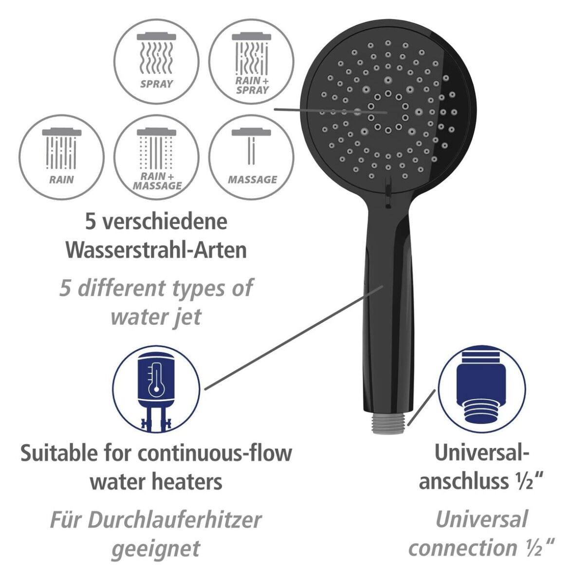 Set de Ducha Wenko Young Line 25451100 Negro mate Acero Inoxidable Ø 19 mm 66 cm - Imagen 3