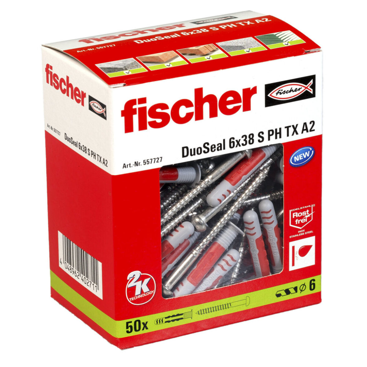 Tacos y tornillos Fischer DuoSeal 557727 S A2 Impermeables Ø 6 x 38 mm (50 Unidades) - Imagen 3