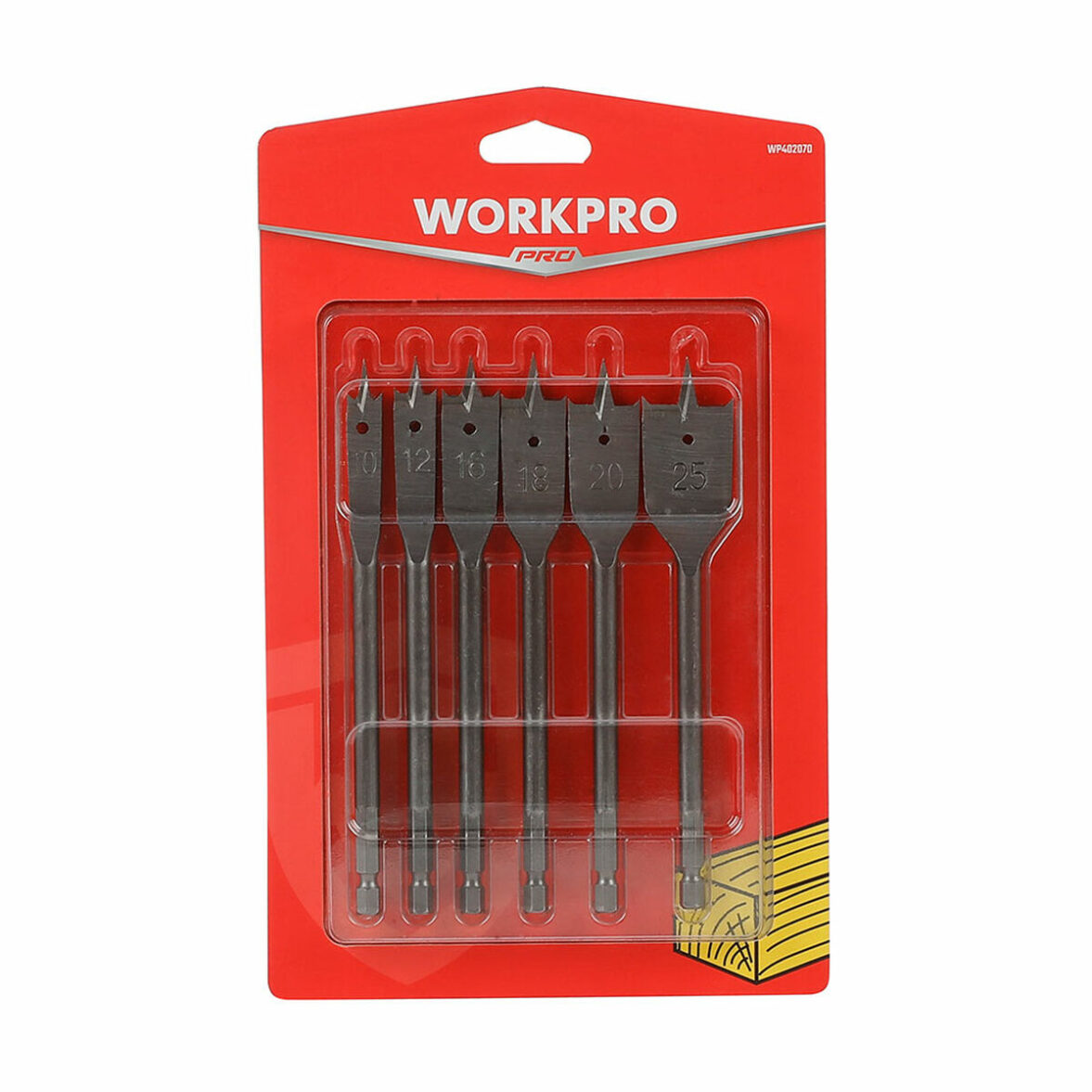 Set de brocas Workpro 10, 12, 16, 18, 20, 25 mm Acero al carbono Pala Madera 6 Piezas - Imagen 3