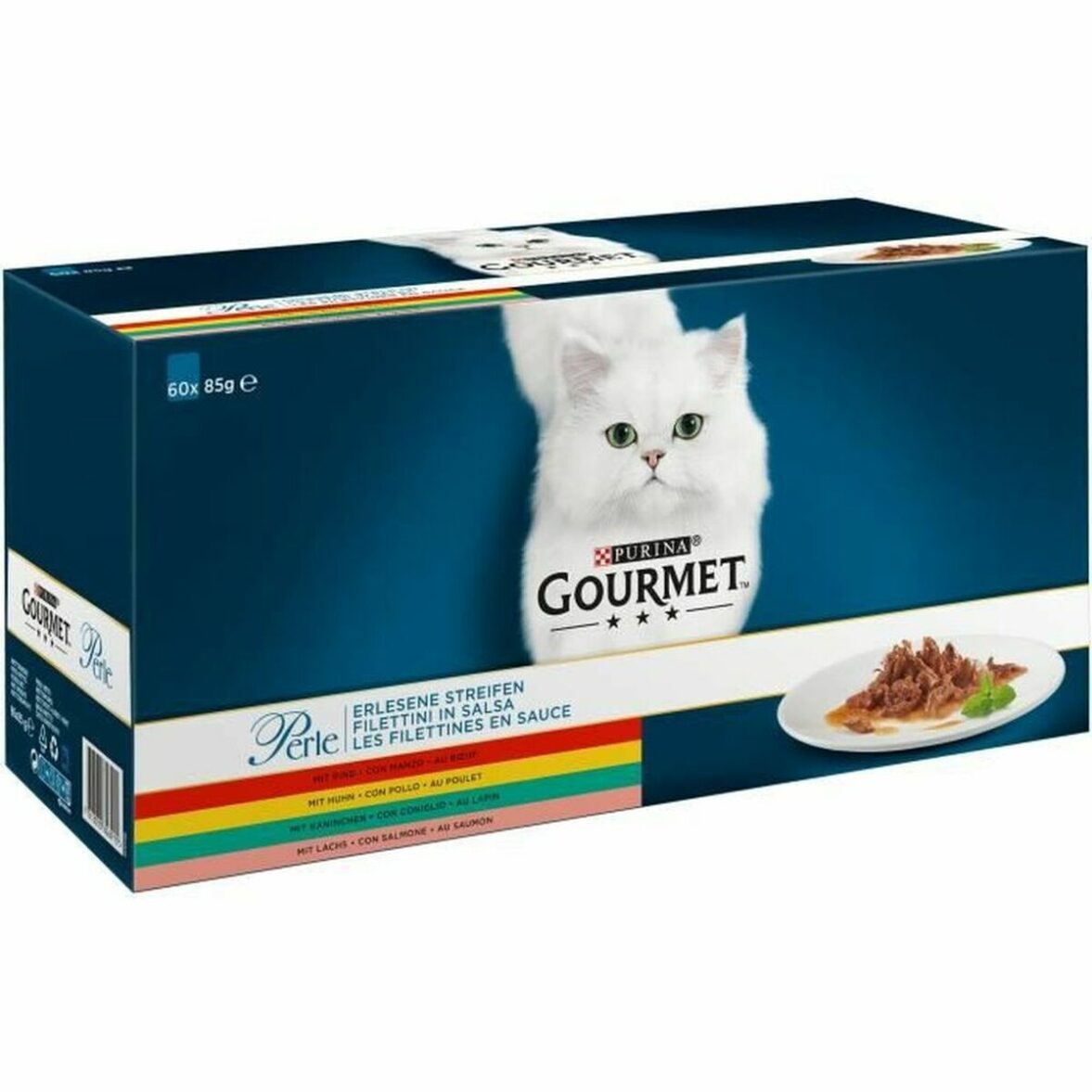 Comida para gato Gourmet Perle Mix Pollo Salmón Pescado Ternera Conejo 60 x 85 g