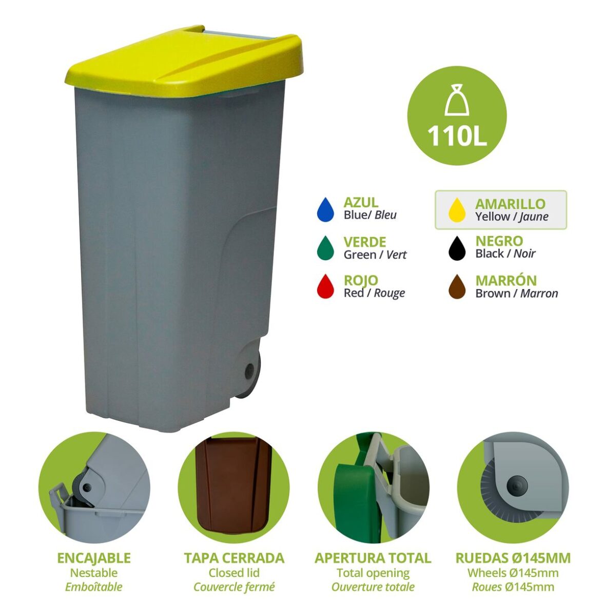 Cubo de Basura para Reciclaje Denox Amarillo 110 L - Imagen 3