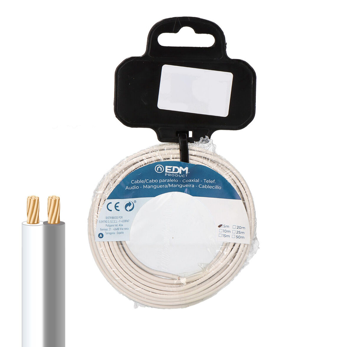 Cable paralelo EDM 28747 Blanco/Gris 2 x 0,75 mm 25 m Carrete Audio