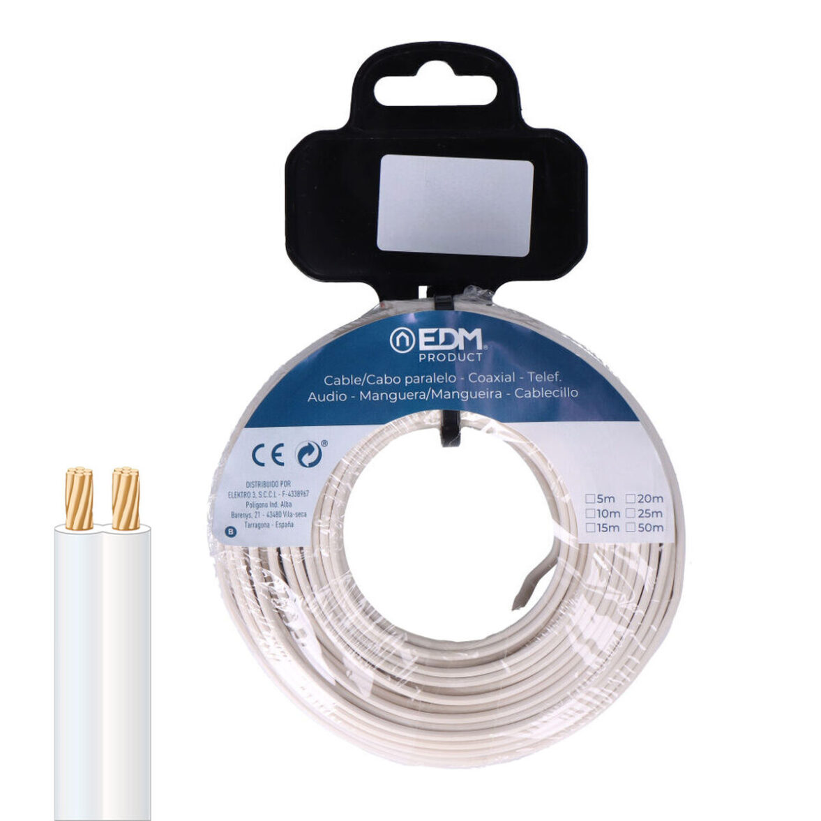 Cable paralelo EDM 28757 Blanco 15 m Carrete Audio