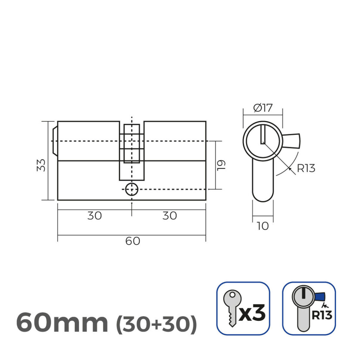 Cilindro EDM 85183 r13 Dorado Latón Leva Corta 60 x 30 x 17 mm Europeo - Imagen 3