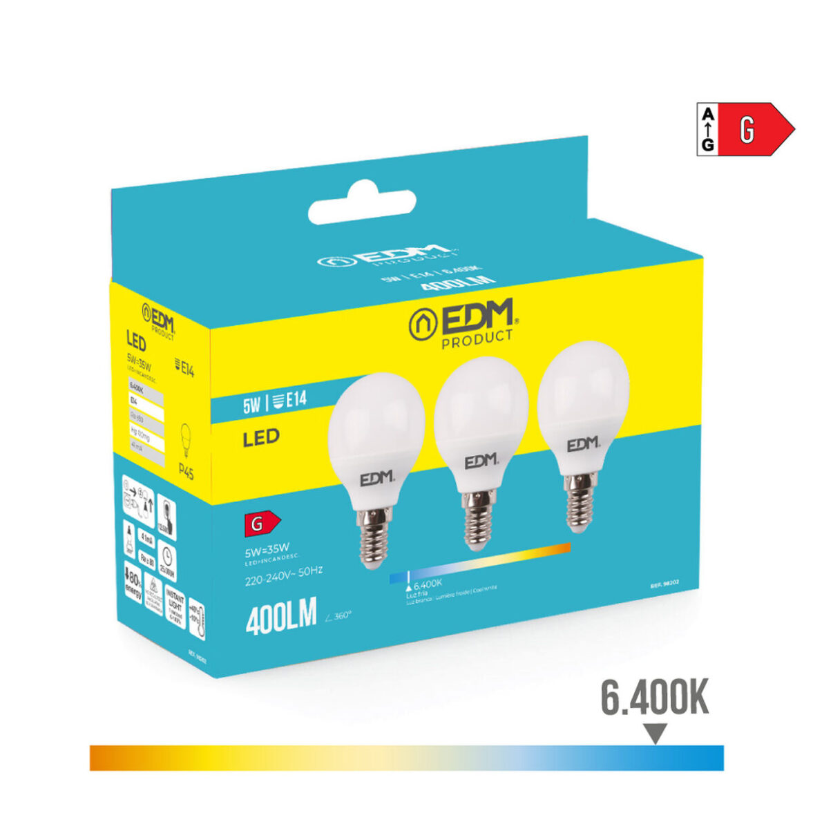 Pack de 3 bombillas LED EDM 98202 G 35 W 5 W 50 W E14 400 lm Ø 4,5 x 8 cm (6400 K) - Imagen 3