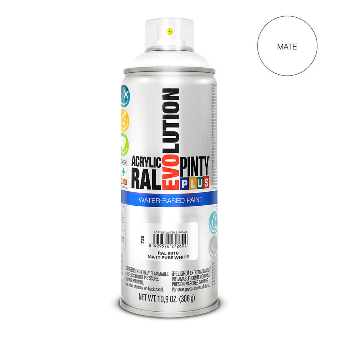 Pintura en spray Pintyplus Evolution RAL 9010 Mate Base de agua Pure White 400 ml - Imagen 3