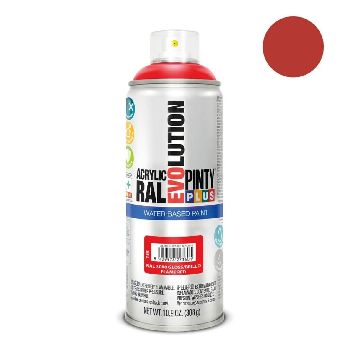Pintura en spray Pintyplus Evolution RAL 3000 Base de agua Flame Red 400 ml - Imagen 3