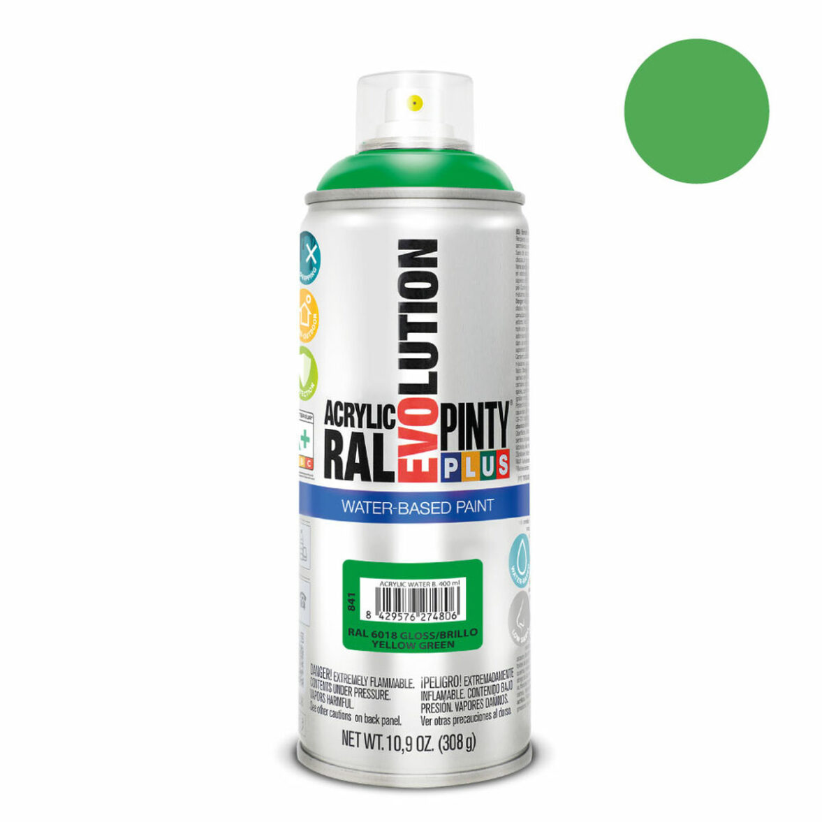 Pintura en spray Pintyplus Evolution RAL 6018 Base de agua Yellow Green 400 ml - Imagen 3