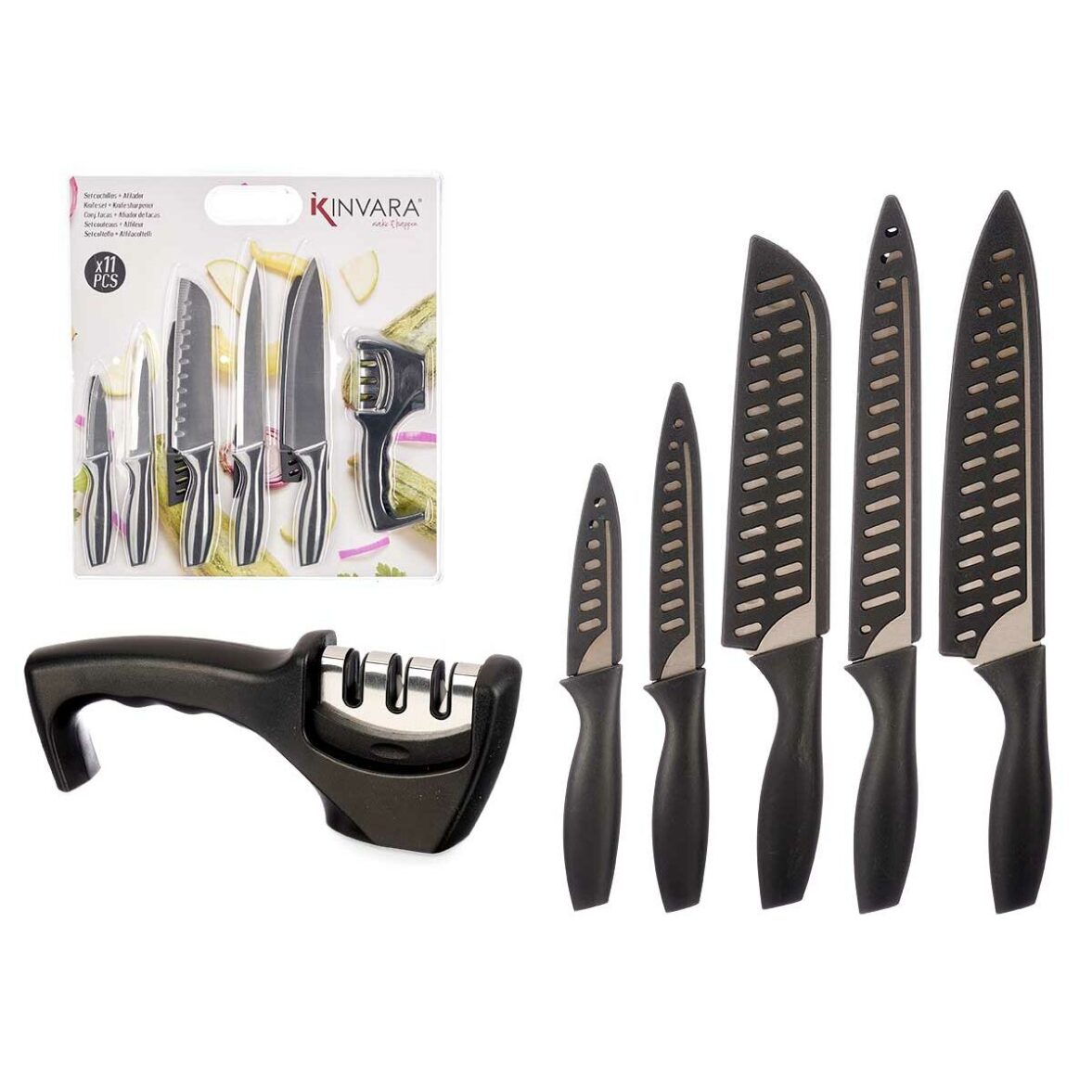 Set de Cuchillos Kinvara KT157095 Negro Acero Inoxidable Polipropileno Afilador de Cuchillos (6 Unidades) - Imagen 3