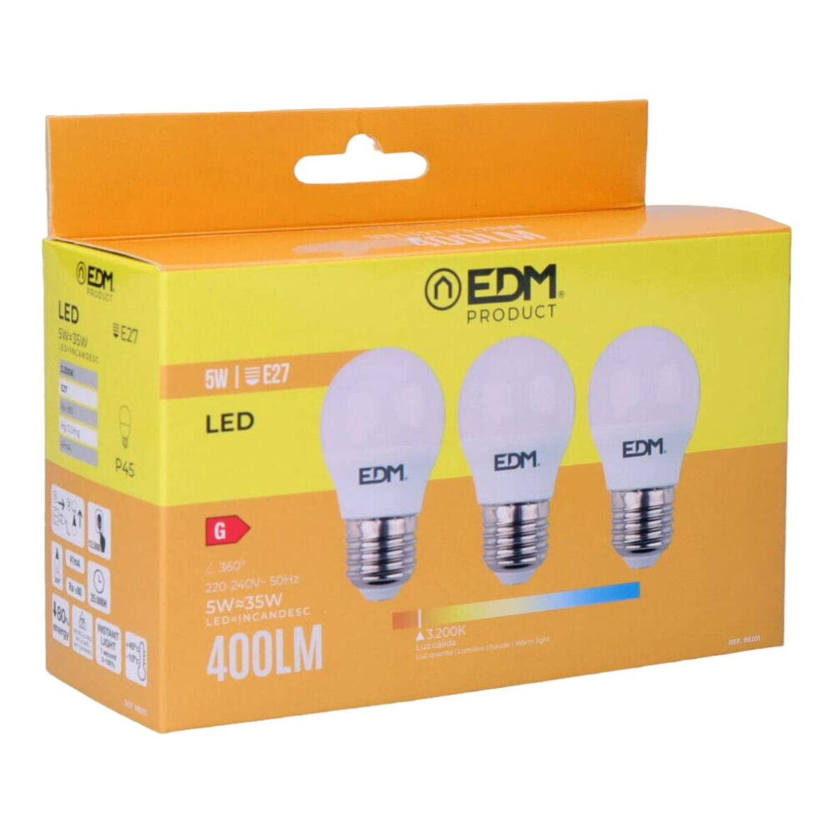 Pack de 3 bombillas LED EDM 98201 G 35 W 5 W 50 W E27 3200 Lm Ø 4,5 x 8 cm (3200 K)