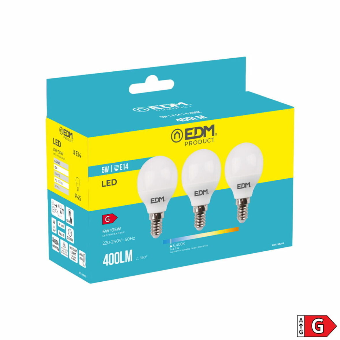 Pack de 3 bombillas LED EDM 98202 G 35 W 5 W 50 W E14 400 lm Ø 4,5 x 8 cm (6400 K) - Imagen 4