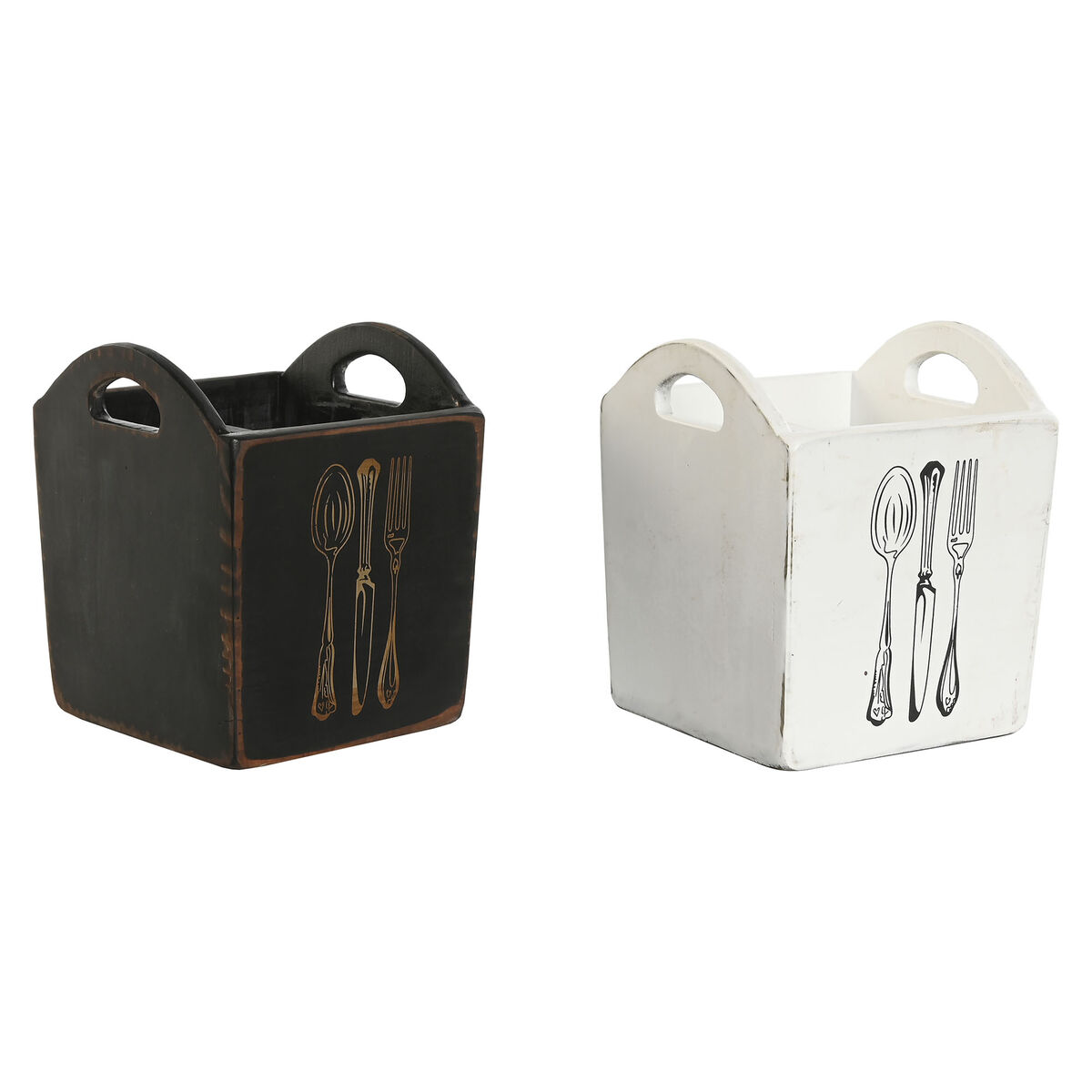 Cesto para cubiertos Home ESPRIT Blanco Negro Madera de abeto 15 x 15 x 18 cm