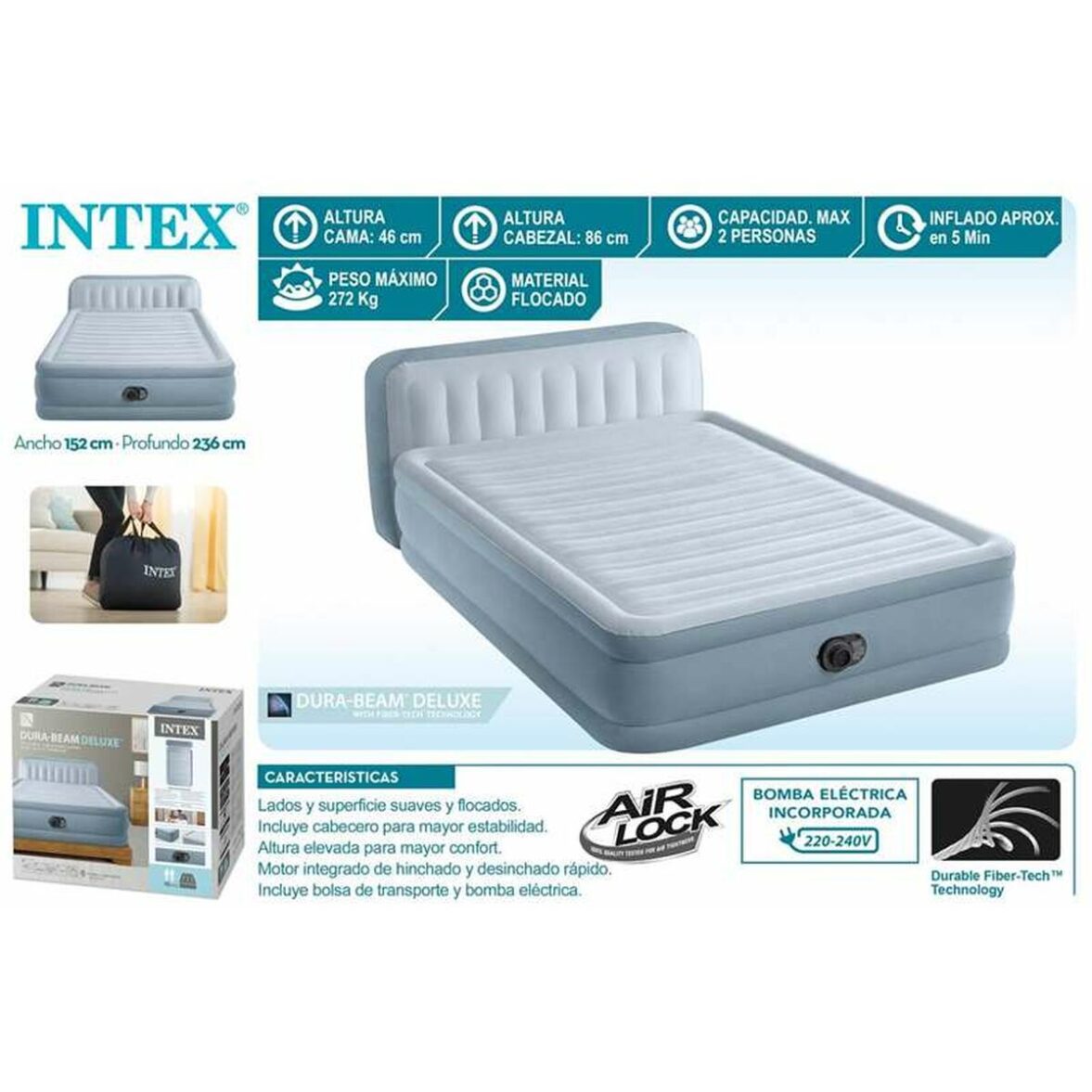 Cama Hinchable Intex Dura-Beam Deluxe Plush 152 x 236 x 86 cm 272 kg - Imagen 3