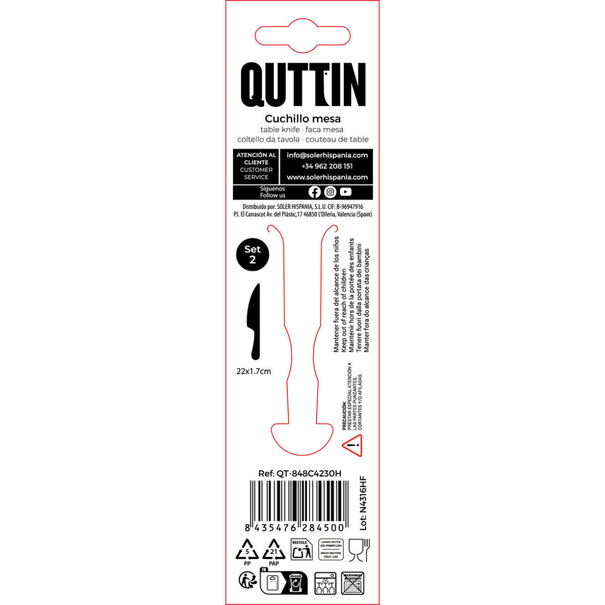 Set de Cuchillos Quttin Madrid Acero Inoxidable 22 x 1,7 cm 2 Piezas (12 Unidades) - Imagen 3