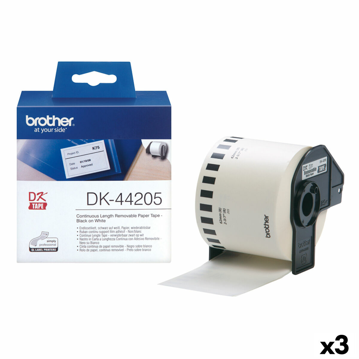 Etiquetas para Impresora Brother DK-44205 62 mm x 30,48 m Negro/Blanco (3 Unidades) - Effik Store