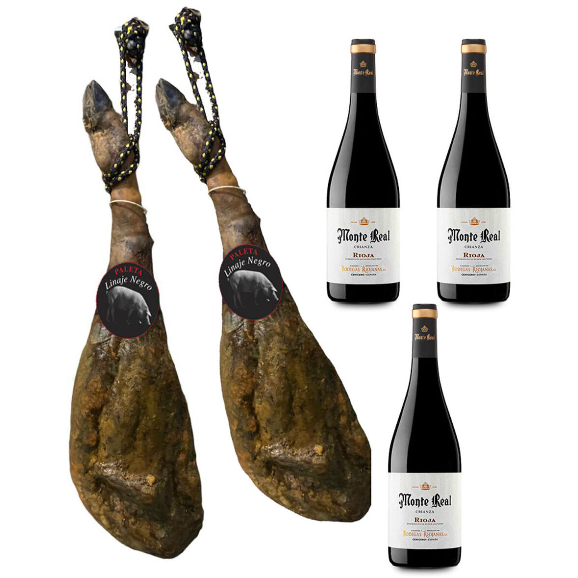 Paleta de Jamón Linaje Negro 3,5 kg x 2 Botella de vino tinto 750 ml x 3 Monte Real