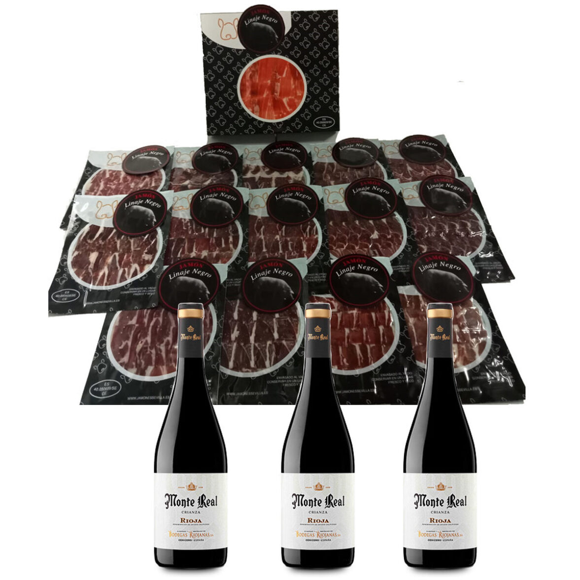 Jamón de Cebo Linaje Negro 100 g x 15 Botella de vino tinto 750 ml x 3 Monte Real