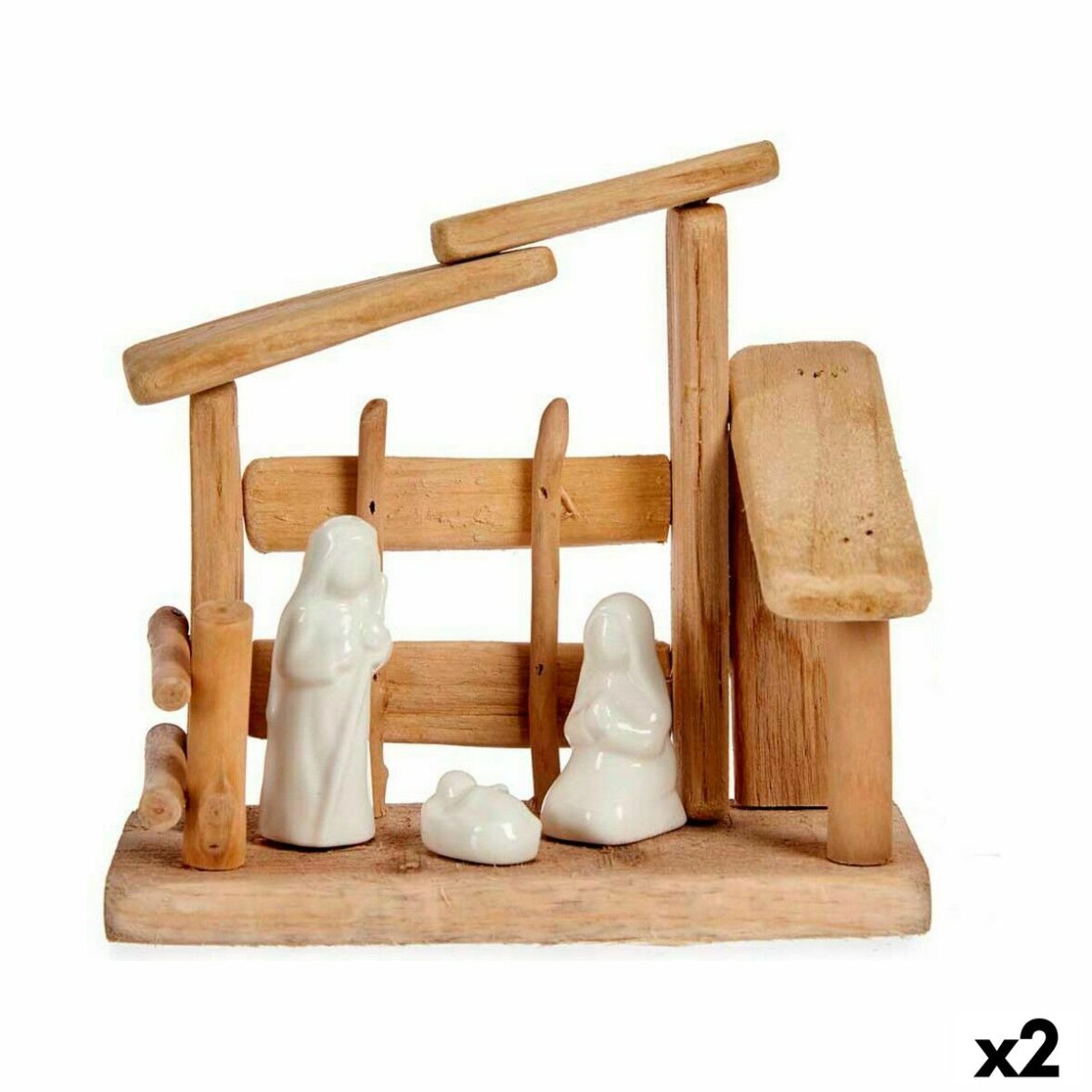 Belén de Navidad Blanco Natural Madera Cerámica 18 x 17 x 8 cm (2 Unidades) - Effik Store