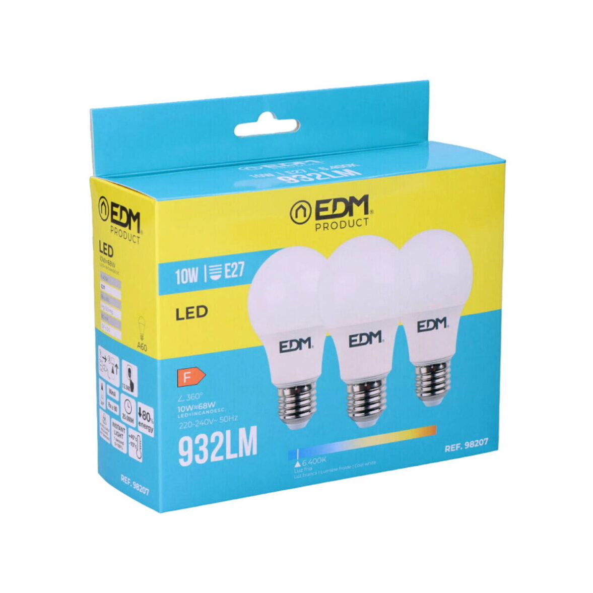 Pack de 3 bombillas LED EDM 98207 F 60 W 10 W 68 W E27 810 Lm 932 Lm Ø 6 x 10,8 cm (6400 K)